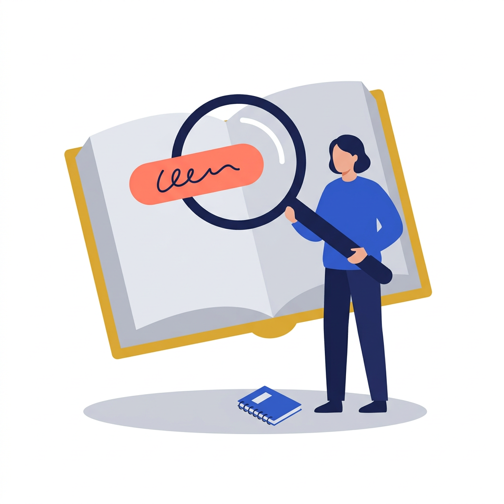 Illustration of a woman holding a magnifying glass over a large open book