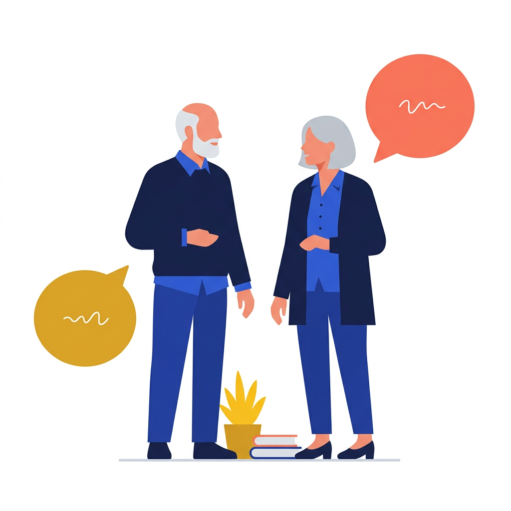 Illustration of an older man and woman talking, with two speech bubbles